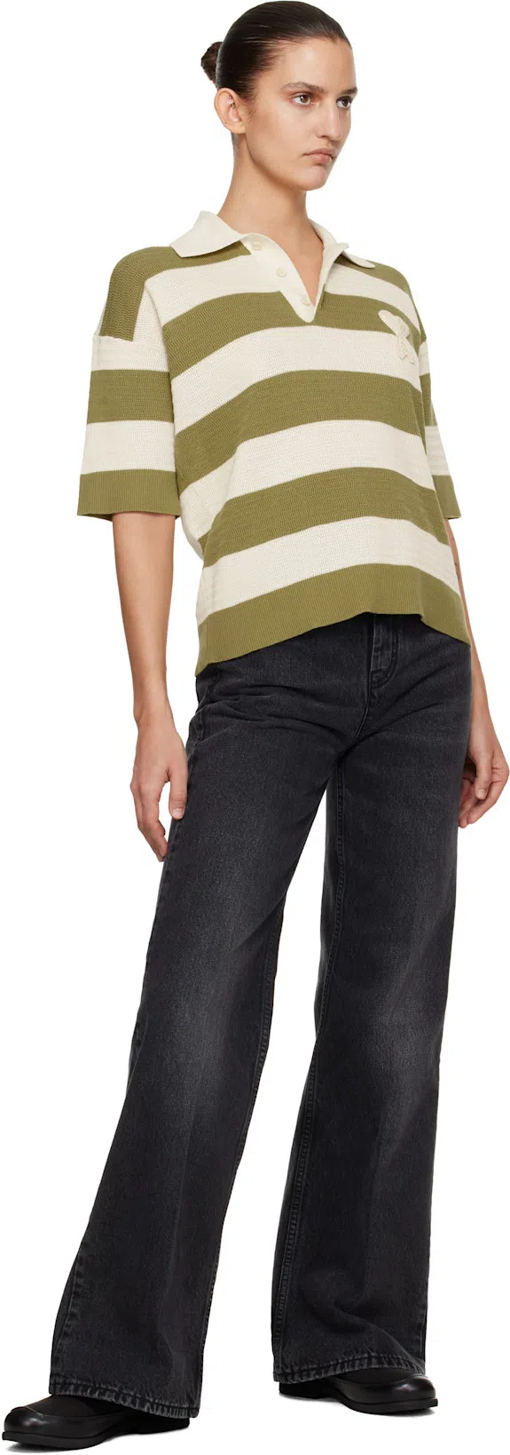 AMI ALEXANDRE MATTIUSSI Ami Paris Ami De Coeur Striped Cotton Knit Polo Shirt In Brown