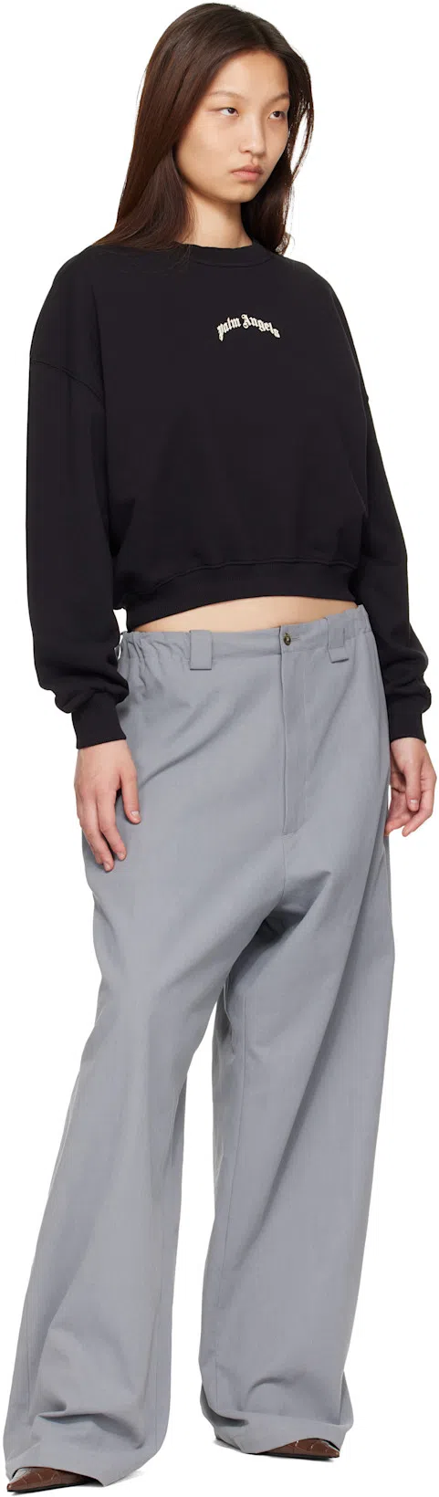 PALM ANGELS Neutrals Crop Crewneck Arched Logo Sweatshirt In Black