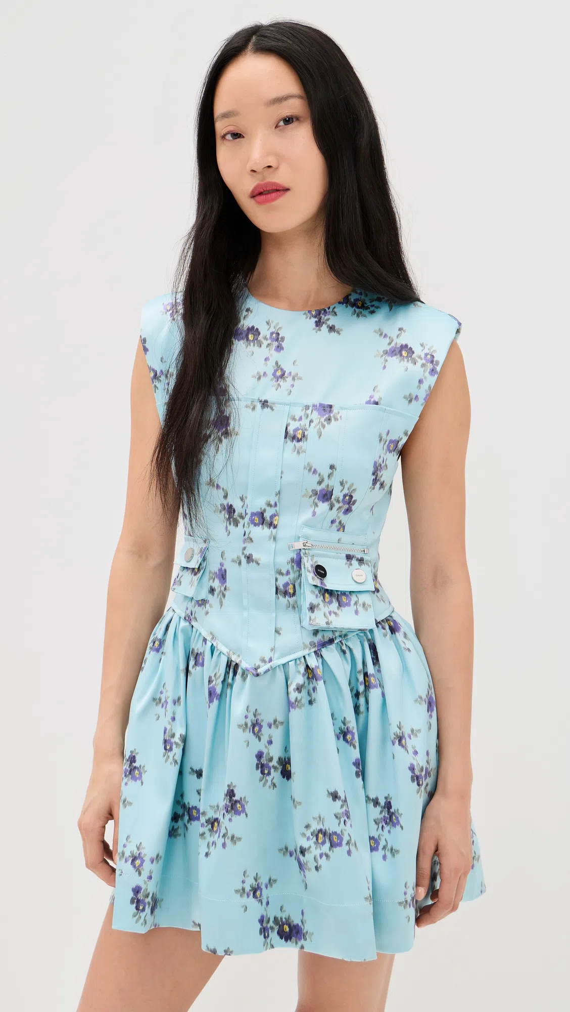 GANNI Printed Double Satin Corset Mini Dress Iced Aqua In Multi