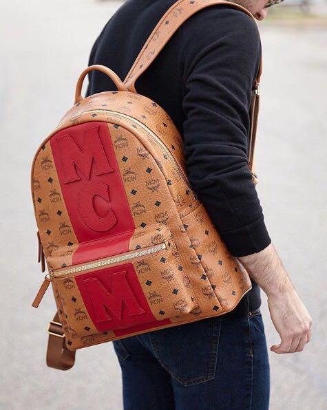 mcm red stripe backpack