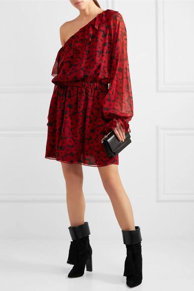 SAINT LAURENT One-shoulder Floral-print Silk-georgette Mini Dress In Red