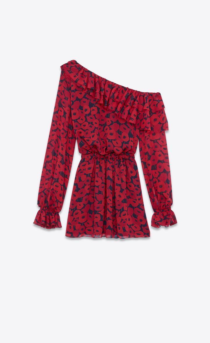 SAINT LAURENT One-shoulder Floral-print Silk-georgette Mini Dress In Red