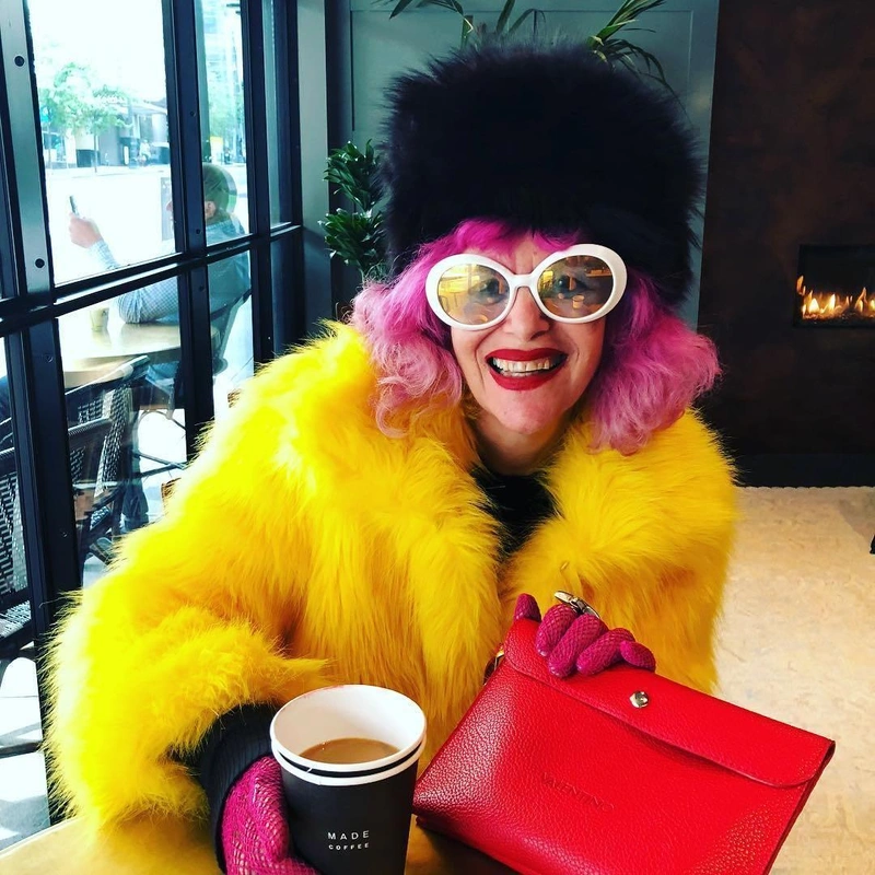 theladykrishna's Post | Wearing: Diane Von Furstenberg Yellow Faux Toscana Fur Jacket; Valentino Garavani Rockstud Clutch In Red