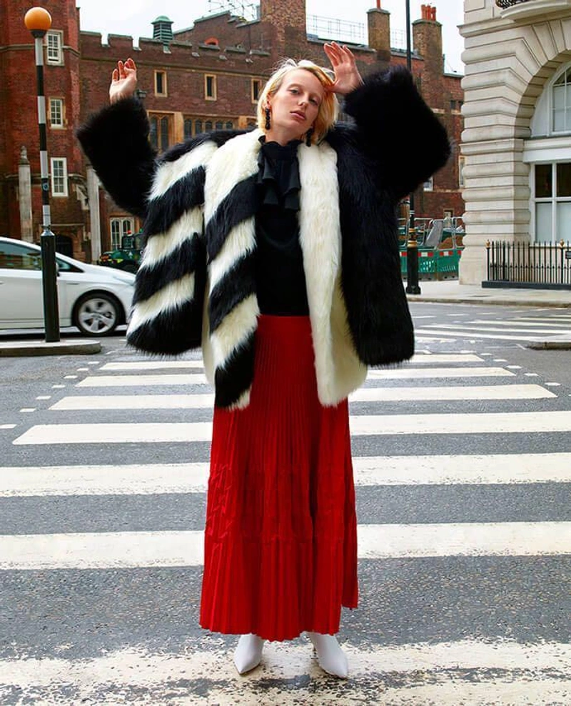 Selfridges's Posts | Wearing: Off-white Off White Black Rap Fake Fur Black No Color; Off-white Striped Faux-fur Gilet In White; Givenchy Geometric-creased Crepe Skirt In Red