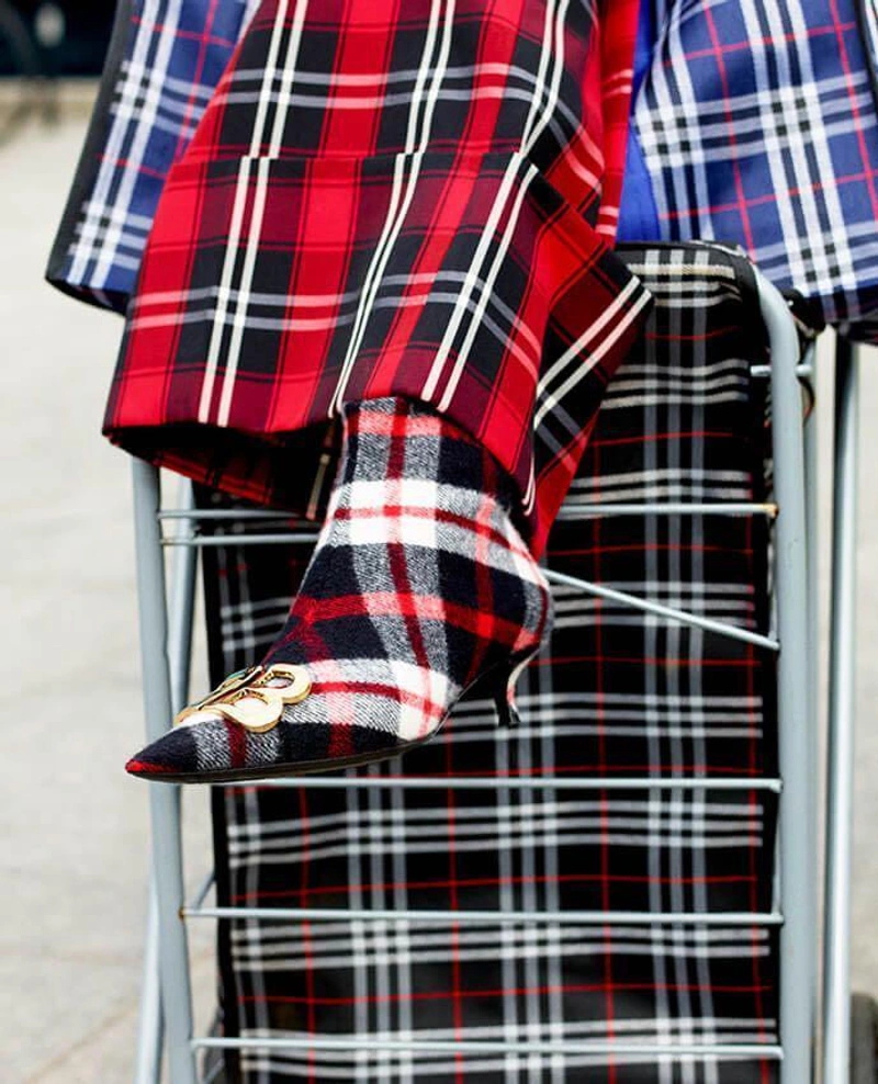 Selfridges's Posts | Wearing: Msgm Tartan Wide-leg Woven Trousers In Multi; Balenciaga Knife Logo-embellished Tartan Wool Ankle Boots In Red