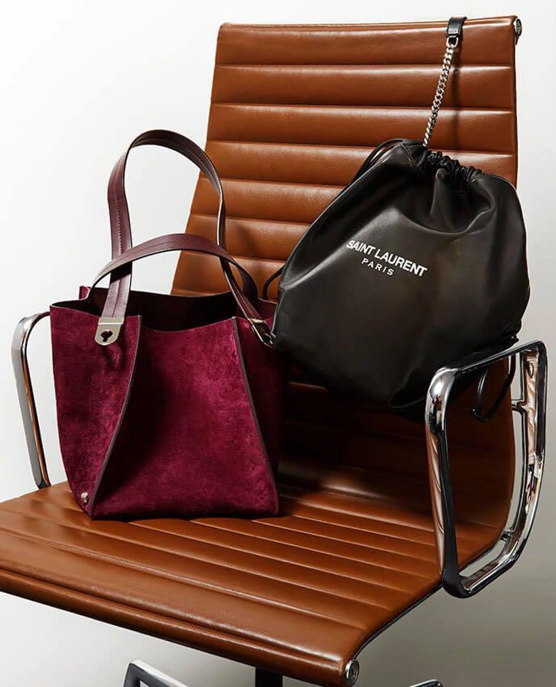 Selfridges's Posts | Wearing: Saint Laurent Teddy Printed Leather Bucket Bag In Rosa; Sophie Hulme Dark Purple The Exchange Suede Cube Tote Bag In Oxblood