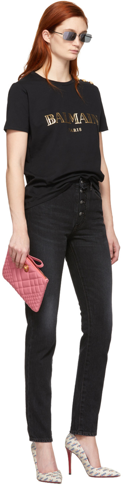 BALMAIN Cotton T-shirt With Gold Colored Logo Print In Black Gold