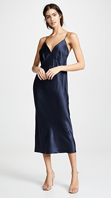 OLIVIA VON HALLE Issa Navy Slip Dress In Silk Satin In Navy Blue