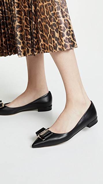 FERRAGAMO Zeri Bow-embellished Leather Point-toe Flats In Black
