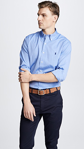 POLO RALPH LAUREN Box-pleat Blue Stretch-cotton Poplin Shirt With Embroidered Logo