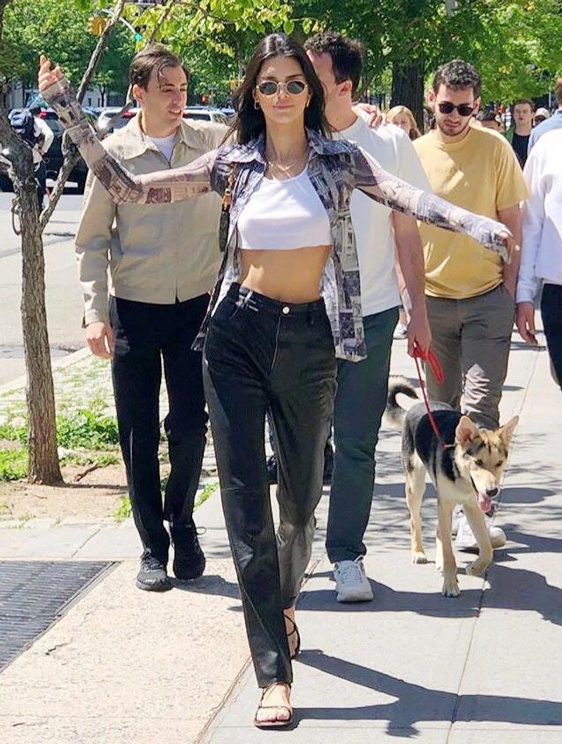 kendalljennercloset's Posts | Wearing: Mugler Reversible Leather Skinny Pants In Black; Acne Studios Estefani Printed Shirt In Beige/blue; Louis Vuitton Vintage Pochette Accessories Monogram Graffiti Handbag - Brown