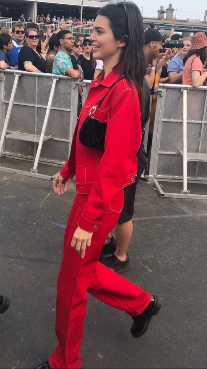 kendalljennercloset's Posts | Wearing: Helmut Lang Denim Outerwear In Red; Helmut Lang High-rise Cotton-blend Pants In Red; Dr. Martens' Black Vintage 1461 Leather Derby Shoes