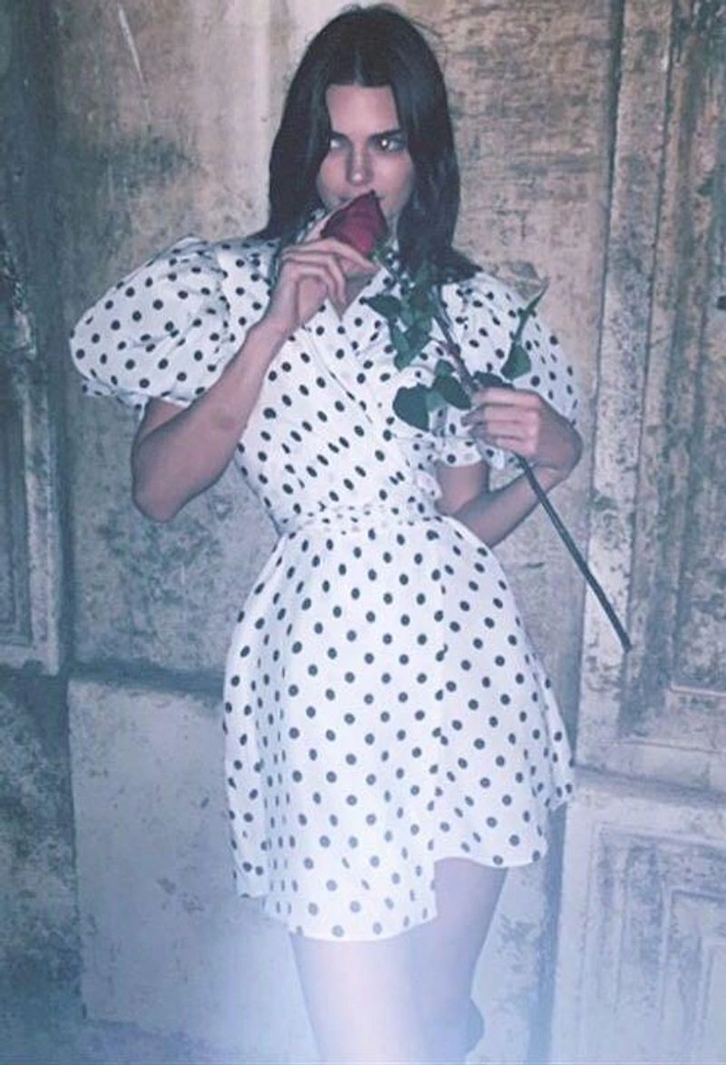 kendalljennercloset's Posts | Wearing: Alessandra Rich Polka-dot Silk Crêpe De Chine Minidress In White Coffee; Alessandra Rich Gepunktetes Wickelkleid - Weiss In White
