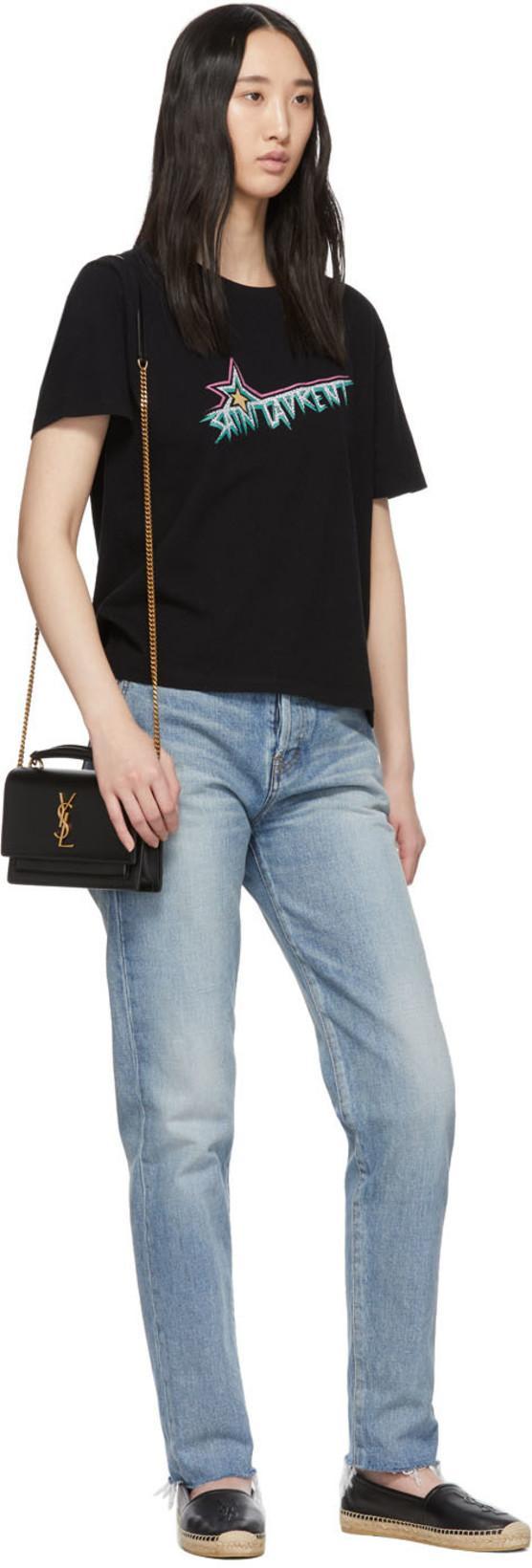 SAINT LAURENT Logo Embossed Calf Leather Flat Espadrilles In Black