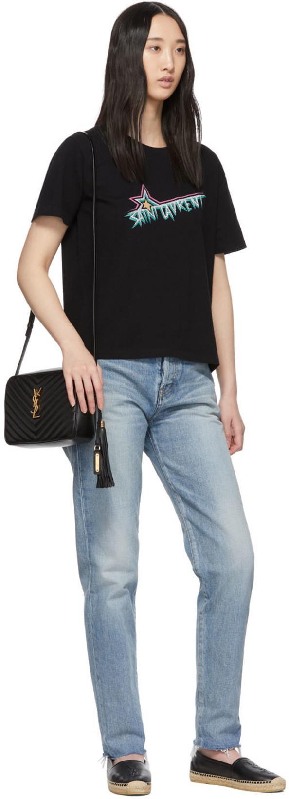 SAINT LAURENT Logo Embossed Calf Leather Flat Espadrilles In Black