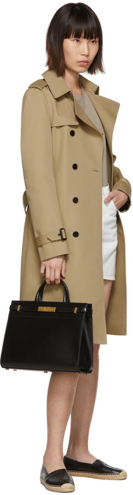 SAINT LAURENT Logo Embossed Calf Leather Flat Espadrilles In Black