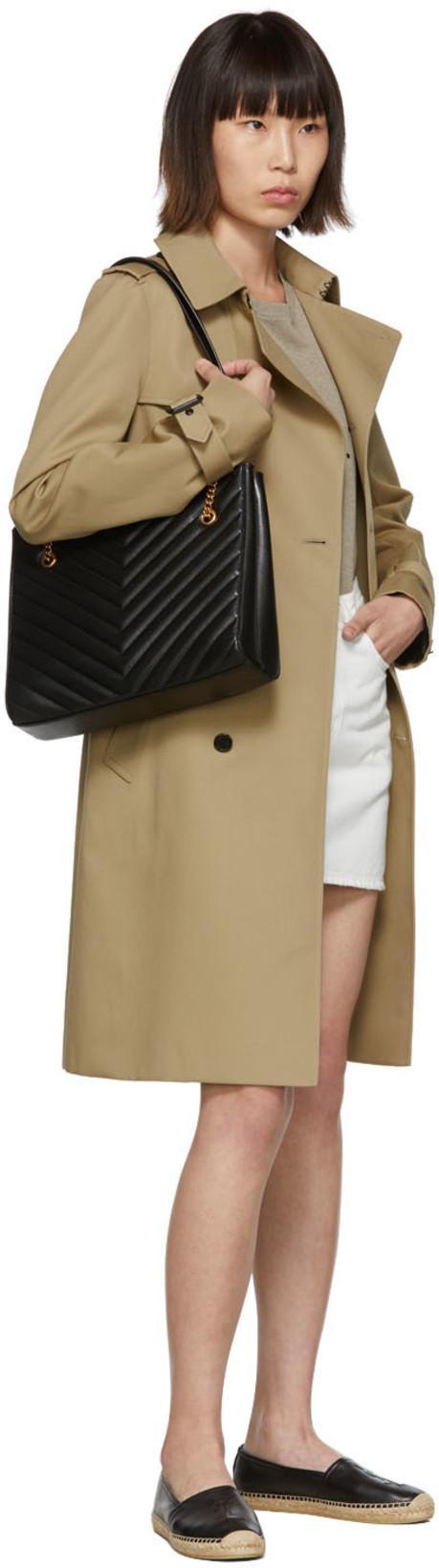 SAINT LAURENT Logo Embossed Calf Leather Flat Espadrilles In Black