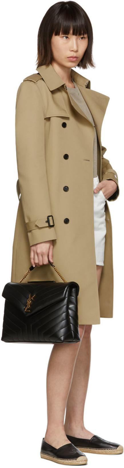 SAINT LAURENT Logo Embossed Calf Leather Flat Espadrilles In Black