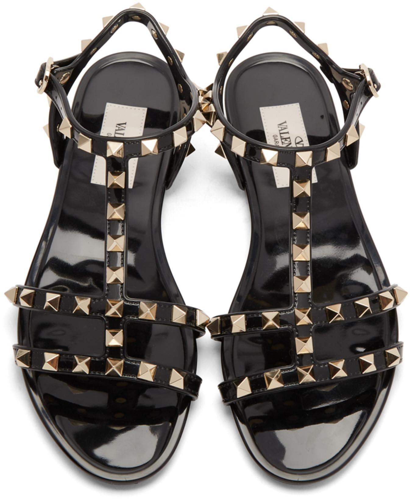 VALENTINO GARAVANI Rockstud Rubber Sandals Ankle Strap Design In Black