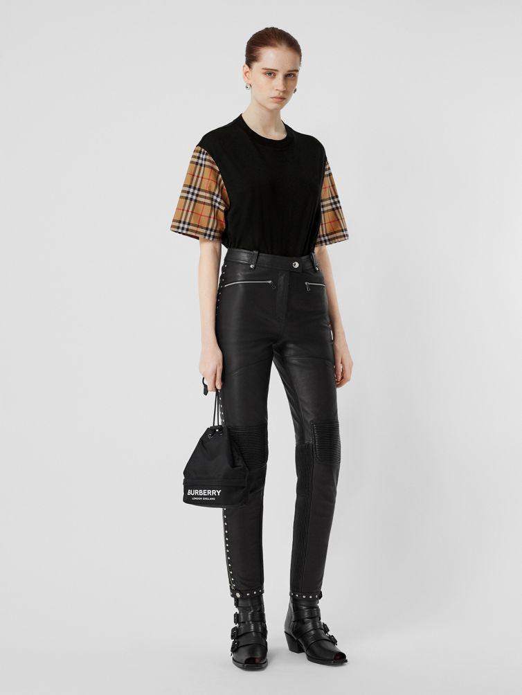 BURBERRY Black T-shirt With Check Pattern Sleeves Women