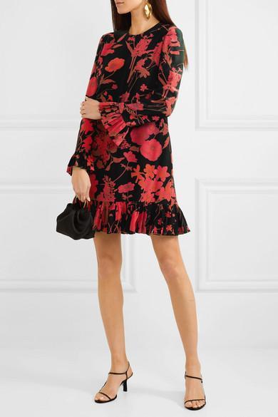 VALENTINO Ruffled Floral-print Silk Crepe De Chine Midi Dress In Black/ Red