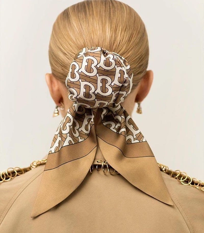 ShopBAZAAR's Post | Wearing: Burberry Monogram Print Silk Hair Scarf In Brown