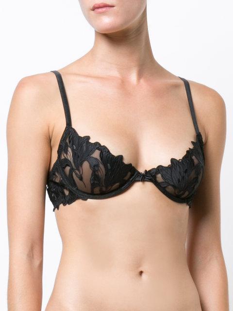 FLEUR DU MAL Black Lily Embroidery Plunge Demi Bra In 0100 Black