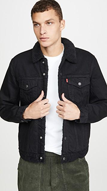 LEVI'S Relaxed Fit Faux Shearling Lined Denim Trucker Jacket In Black
