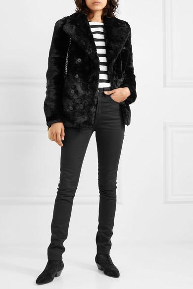 SAINT LAURENT Double-breasted Faux Fur Jacket In Black