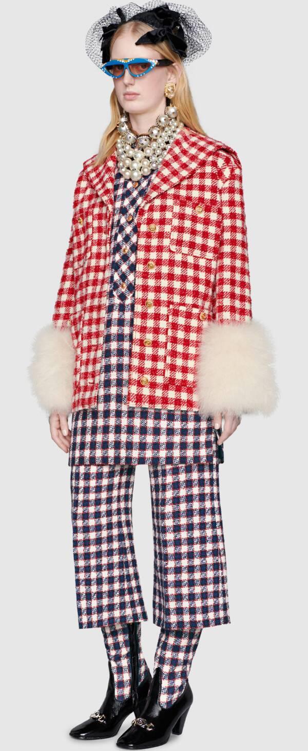 GUCCI Red & White Check Tweed Ankle Boots In Blue