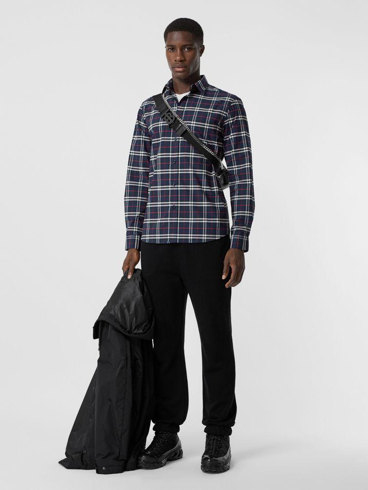 BURBERRY Embroidered Detail Check Cotton Shirt In Navy