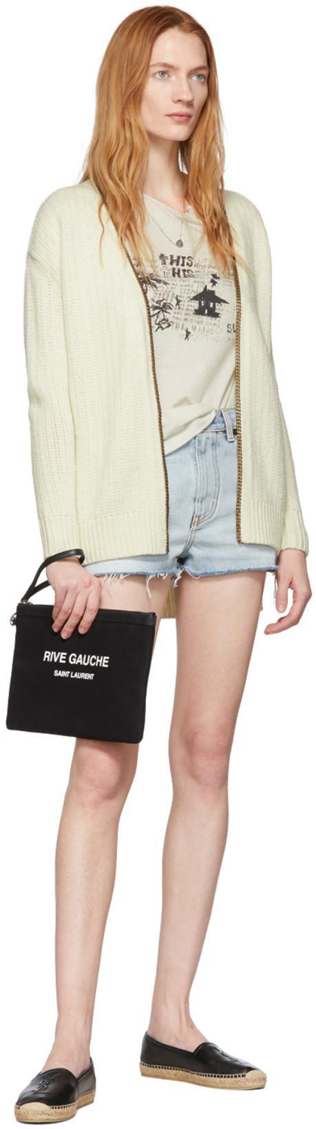 SAINT LAURENT Logo Embossed Calf Leather Flat Espadrilles In Black