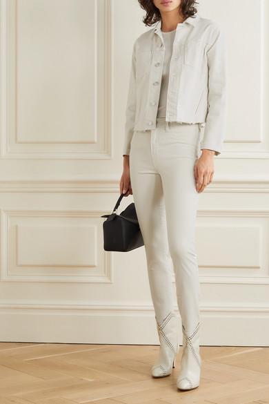 L'AGENCE Janelle Cropped Frayed Stretch-denim Jacket In Coconut Coco