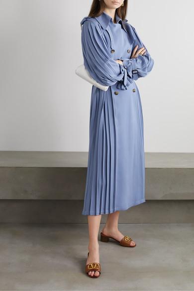 VALENTINO Pleated Silk-crepe Trench Coat In Blue