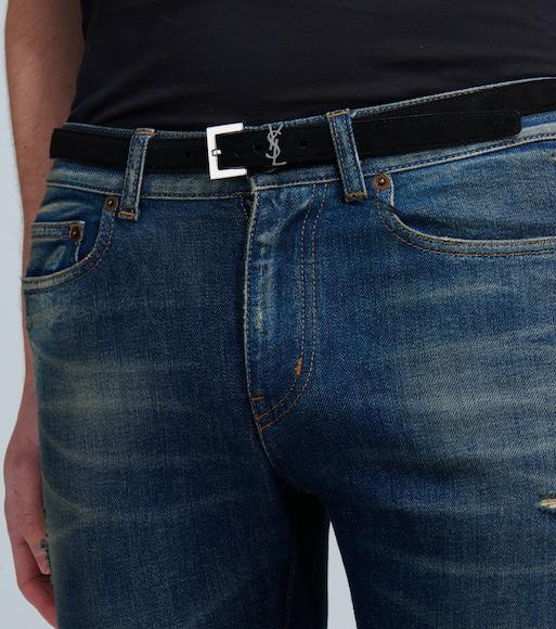 SAINT LAURENT Grained Leather Cassandre Thin Belt With Square Buckle Accessories In Black