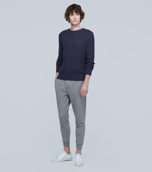 POLO RALPH LAUREN Blue Cable Knit Crewneck Sweater With Pony Embroidery On The Front In Wool And Cashmere Man