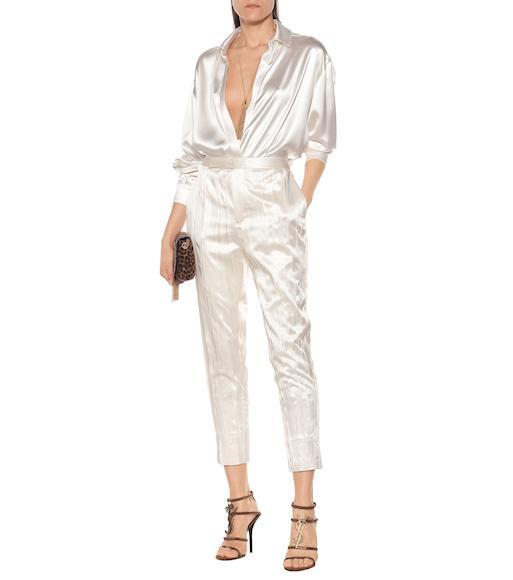 SAINT LAURENT White Silk Striped Satin Trousers In Cream