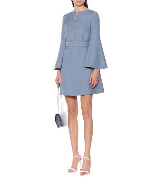 VALENTINO Crystal-embellished Belted Wool And Silk-blend Crepe Mini Dress In Blue