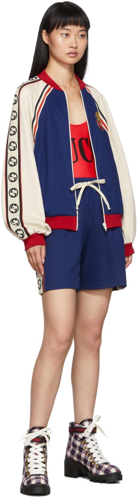 GUCCI Red & White Check Tweed Ankle Boots In Blue