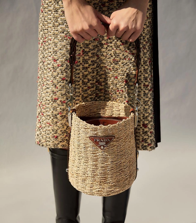 Prada's Posts | Wearing: Prada Braided Raffia Bucket Bag In Beige