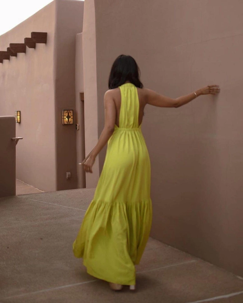 shopbop.com's Posts | Wearing: Tibi Long Halter Dress In Lime Yellow