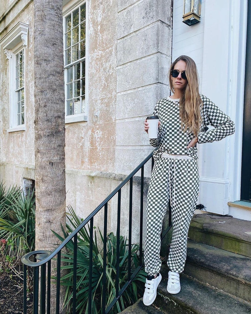 shopbop.com's Posts | Wearing: Splits59 Tilda Sweatshirt In Vintage White/army Check; Splits59 Charlie Sweatpants In Vintage White/army Check