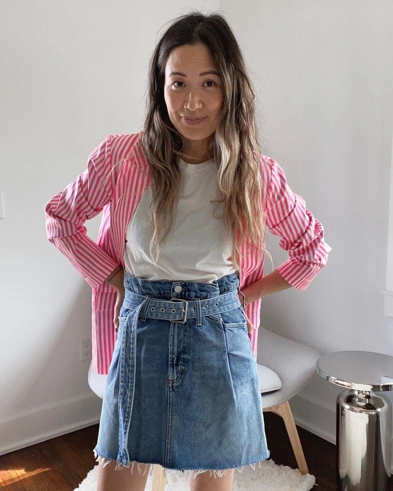 shopbop.com's Posts | Wearing: Agolde Cotton Belted Paperbag-waist Denim Skirt In Revival; Scotch & Soda/maison Scotch Striped Oversized Blazer In Combo S