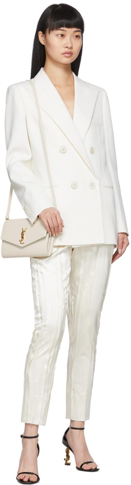 SAINT LAURENT White Silk Striped Satin Trousers In Cream
