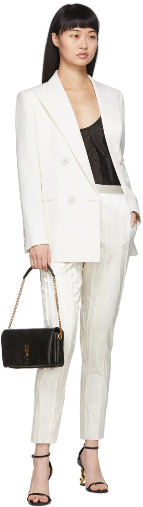 SAINT LAURENT White Silk Striped Satin Trousers In Cream