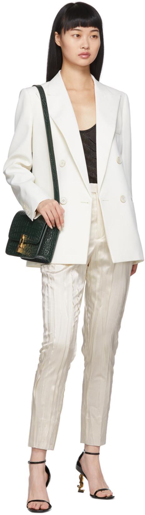 SAINT LAURENT White Silk Striped Satin Trousers In Cream