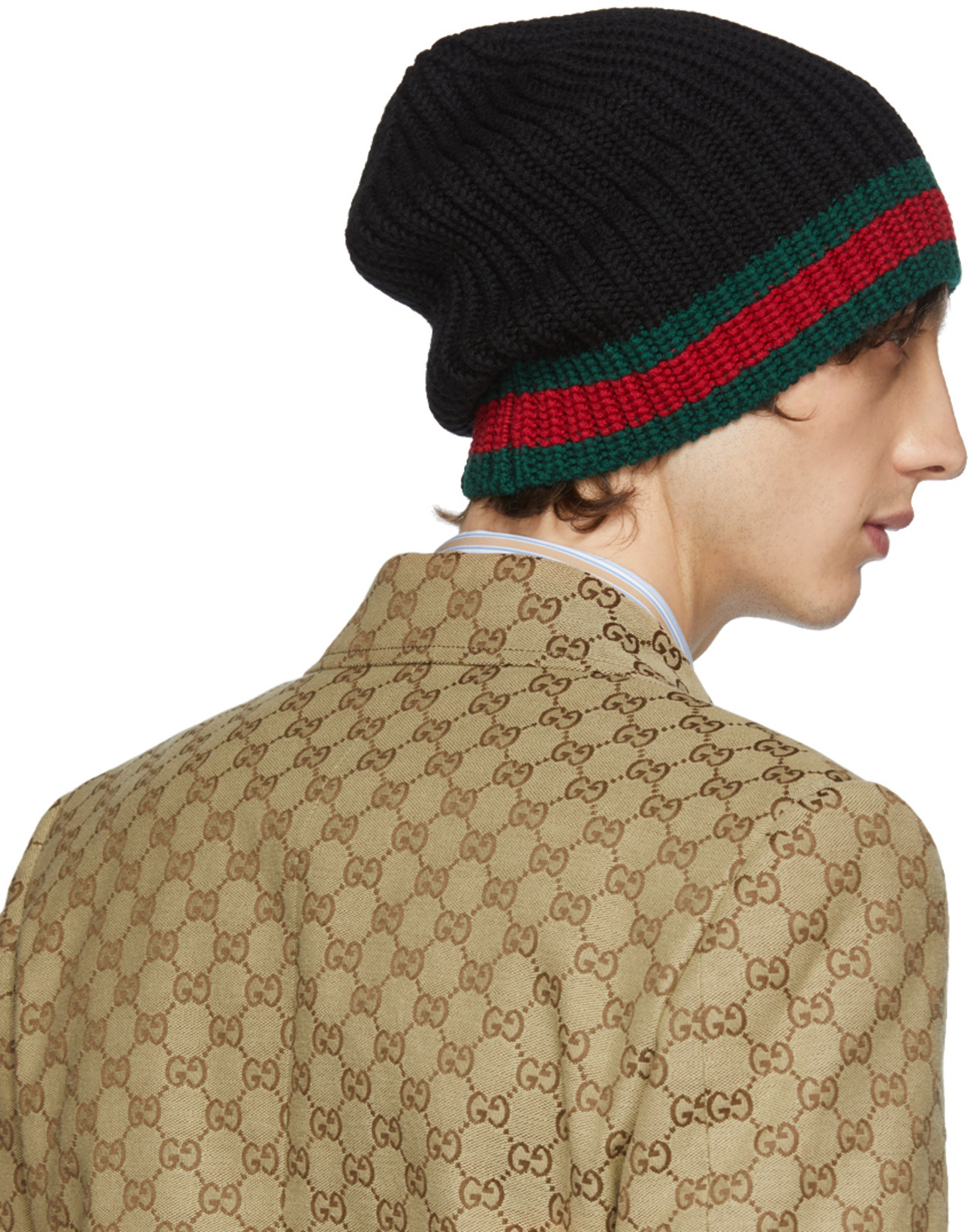 GUCCI Ribbed Black Beanie With Striking Greenaccent
