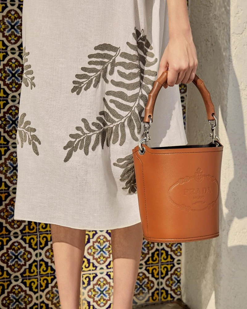 Prada's Posts | Wearing: Prada City Heritage Logo Leather Bucket Bag In Brown