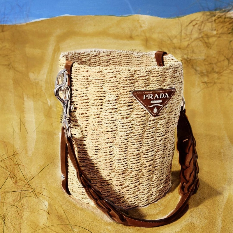 Prada's Posts | Wearing: Prada Braided Raffia Bucket Bag In Beige