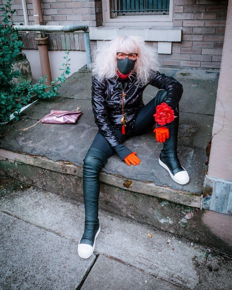 theladykrishna's Post | Wearing: Rick Owens Leather Jacket In Black; Rick Owens Over The Knee Stocking Sneaker Boots In Black; Rick Owens Black Sock High-top Sneakers